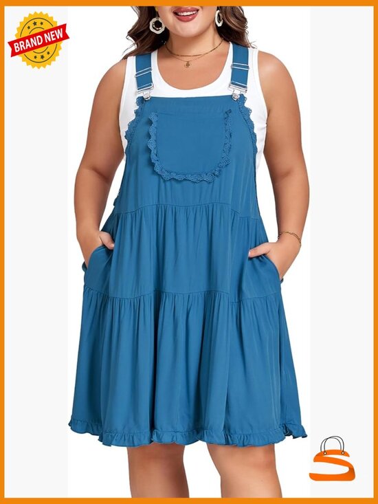 Denim - Plus Size Overall Dress Adjustable Straps Lace Trim Tiered Mini Dress with